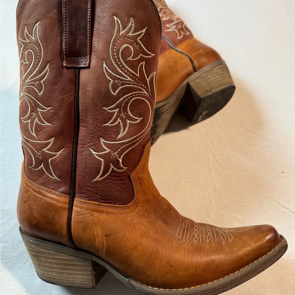 Embroidered Tan Leather Heeled Boots
